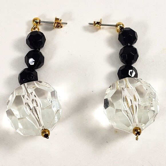 Women's Stunning Gold tone - Black and Clear Beads Post Drop Dangle Earrings - Picture 1 of 6